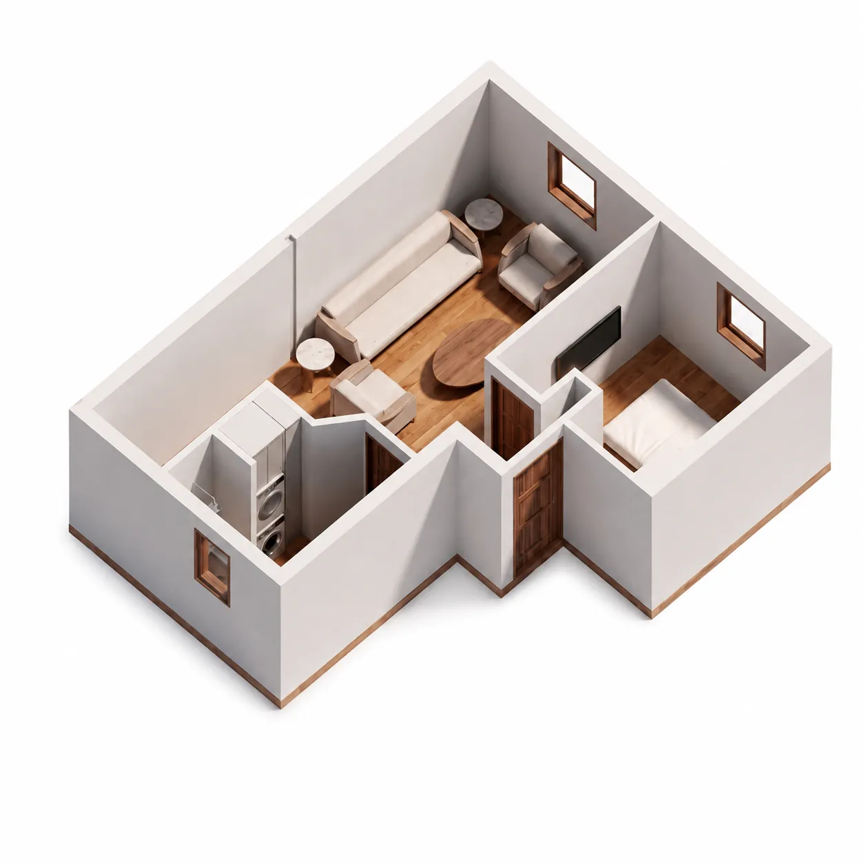 Plan 3D d'un appartement rénové à Laval — séjour, chambre et salle d'eau