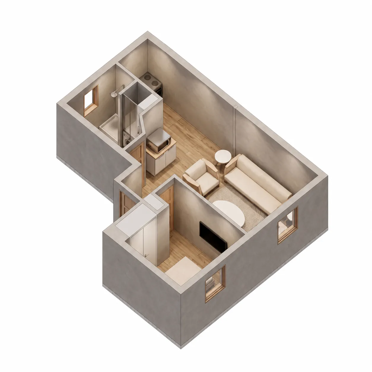 Plan 3D de rénovation d'appartement à Laval — cuisine ouverte et salle de bain